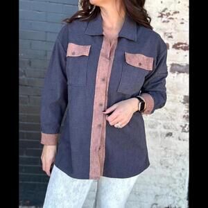 NWOT Impulsive 2X grey with brown faux suede button down shirt